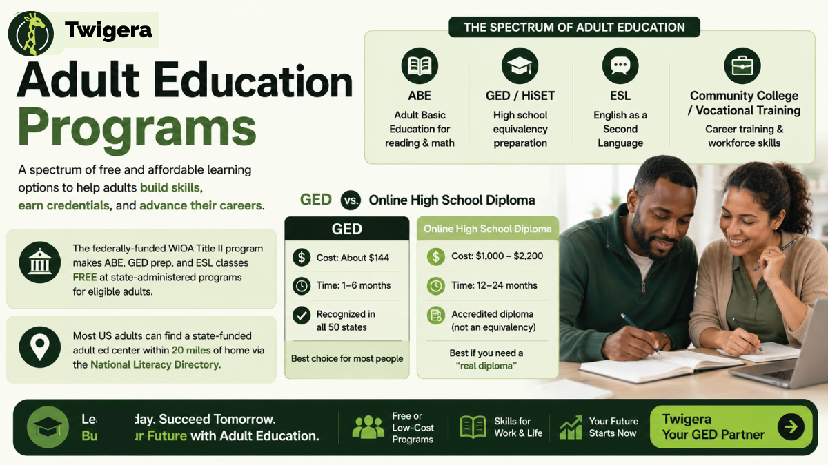 Adult Education Programs 2026 — Twigera infographic comparing ABE, GED and HiSET prep, ESL, community college, and vocational paths for adult learners.