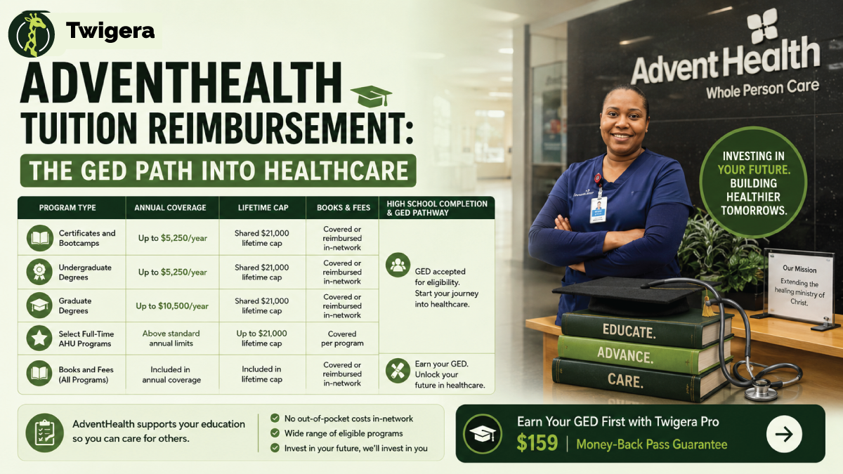 AdventHealth tuition reimbursement explained — Twigera infographic on the Guild-funded GED pathway, $5,250 annual and $21,000 lifetime caps, and the six-month eligibility rule.