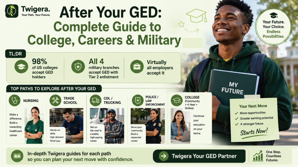 After Your GED 2026 — Twigera infographic showing the main paths a GED can open: college, military, trade school, CDL, nursing, police, and direct employment.