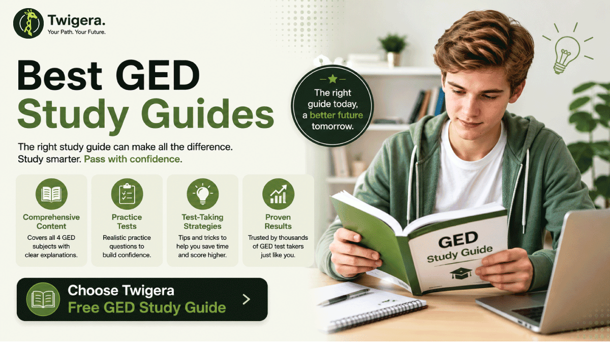Best GED Study Guides 2026 — Twigera comparison graphic showing free vs paid options with official GED PDFs, Kaplan, McGraw-Hill, and Twigera labeled Free and Paid Options Compared.
