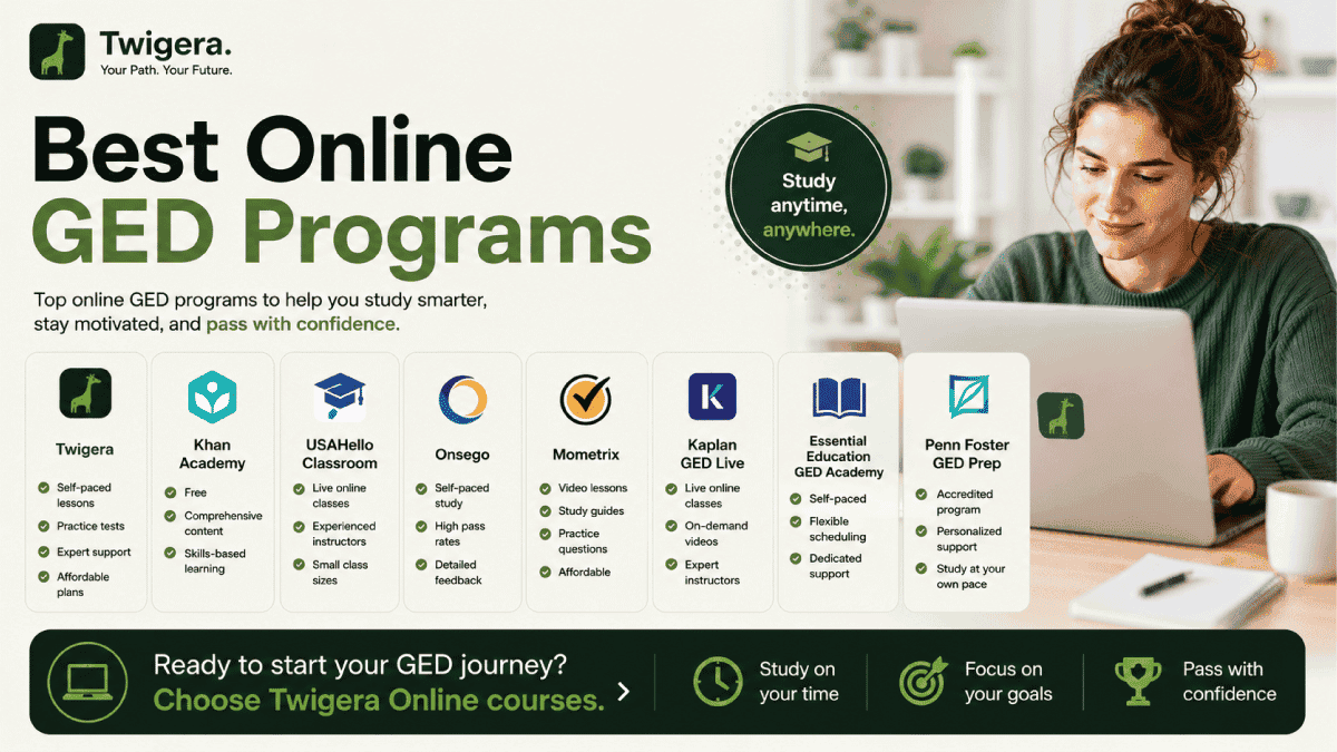 Best Online GED Programs 2026 — Twigera comparison graphic showing 8 prep options with prices and best-for labels.