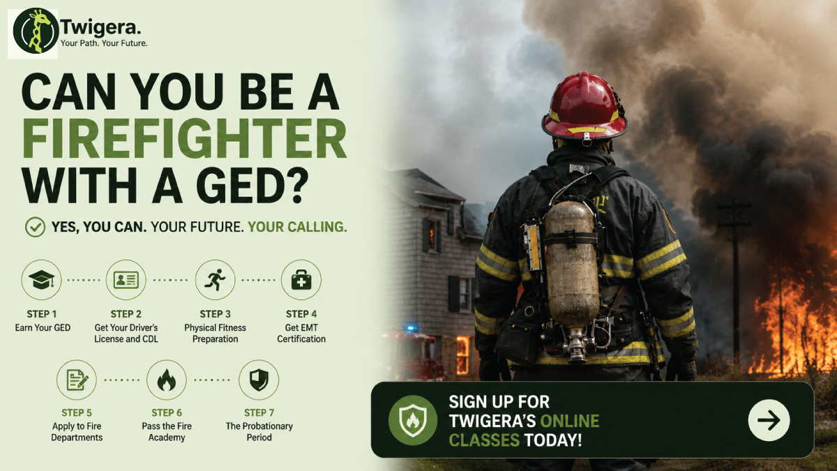 Twigera hero graphic asking 'Can You Be a Firefighter with a GED?' with the answer 'Yes — most US fire departments accept it' alongside firefighter helmet, ladder, and hose icons.