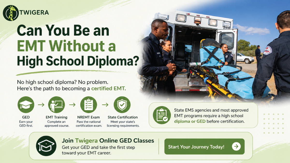 Can you be an EMT without a high school diploma — Twigera guide showing the three gates between you and an EMT license: the NREMT exam, your state EMS office, and your EMT course.