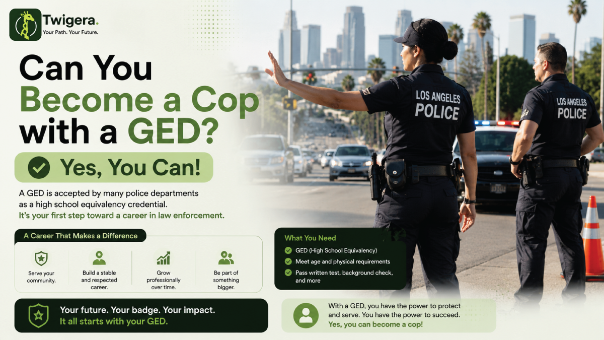 Twigera hero graphic asking 'Can You Become a Cop with a GED?' with the answer 'Yes — most local police departments accept GEDs' alongside a police badge icon.