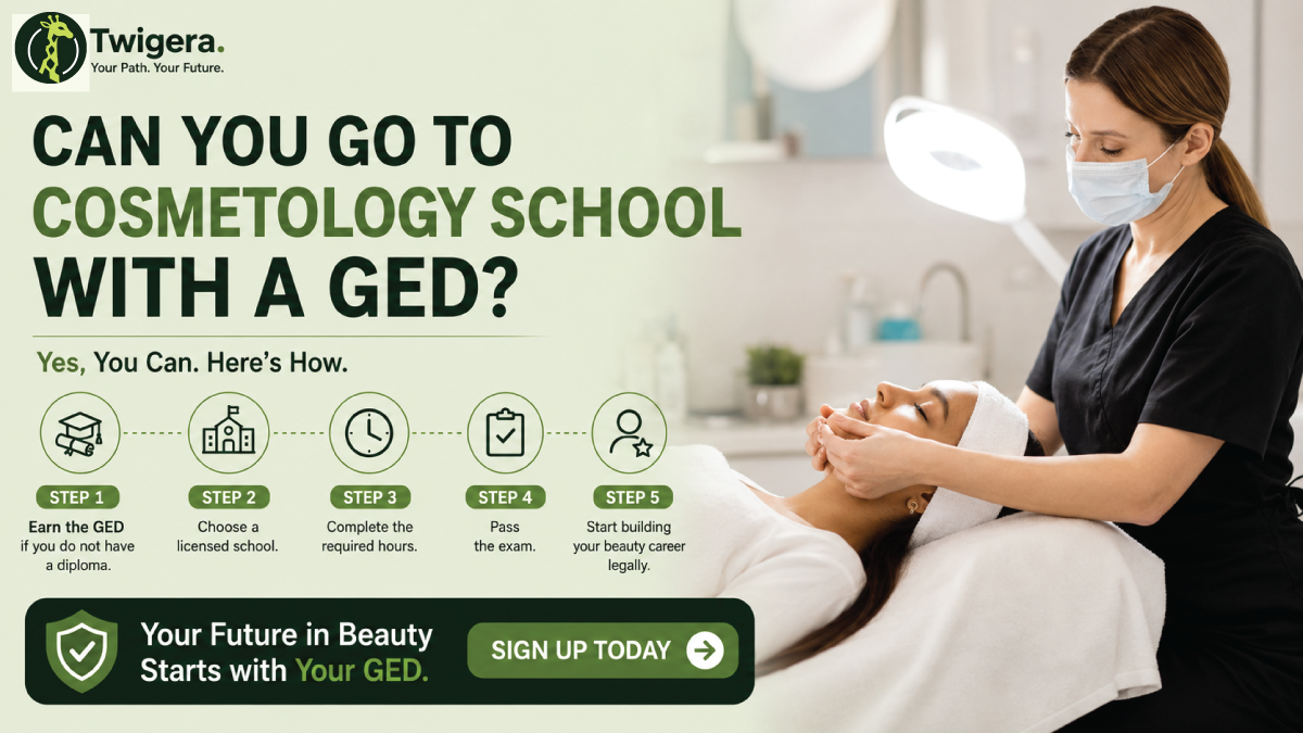 Twigera hero graphic asking 'Can You Go to Cosmetology School with a GED?' with the answer 'Yes — accepted in all 50 states' alongside beauty industry icons: scissors, comb, salon chair.