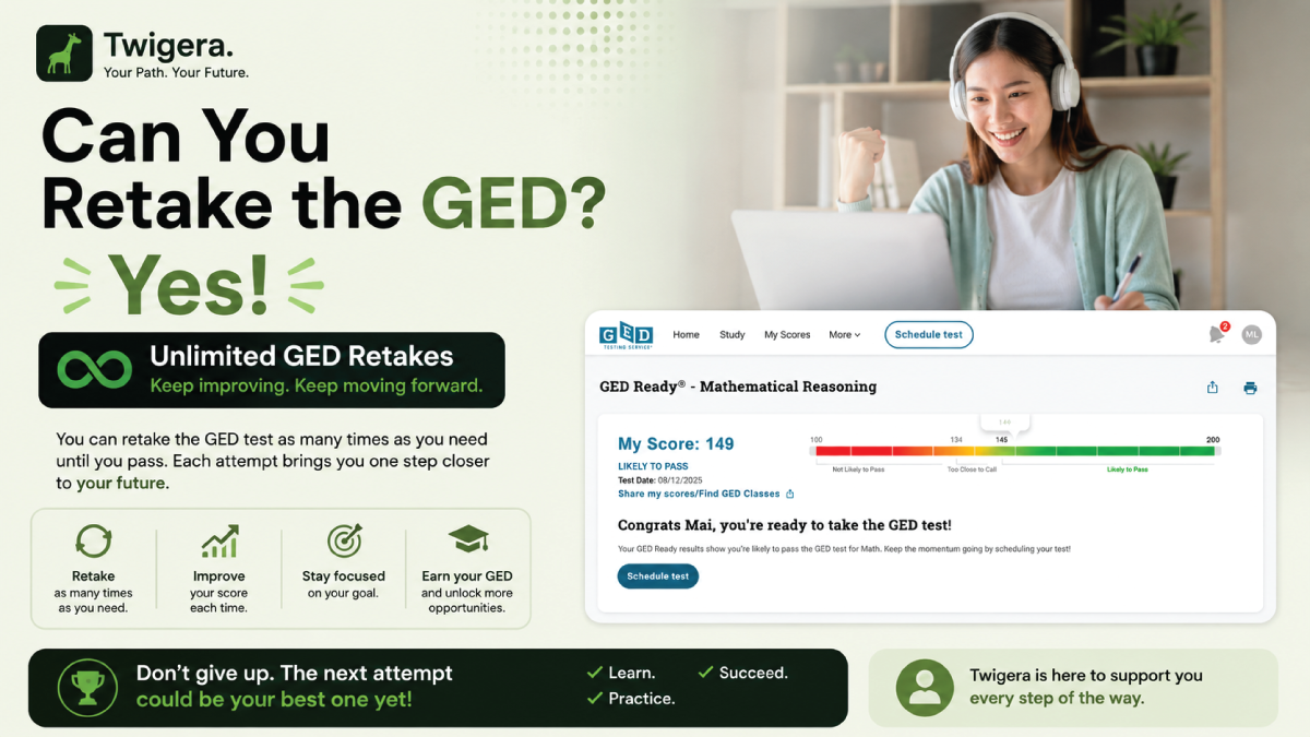 Twigera hero graphic asking 'Can You Retake the GED?' with the answer 'Yes — unlimited retakes, 60-day wait after the 3rd attempt' alongside a calendar and test-clipboard icon.