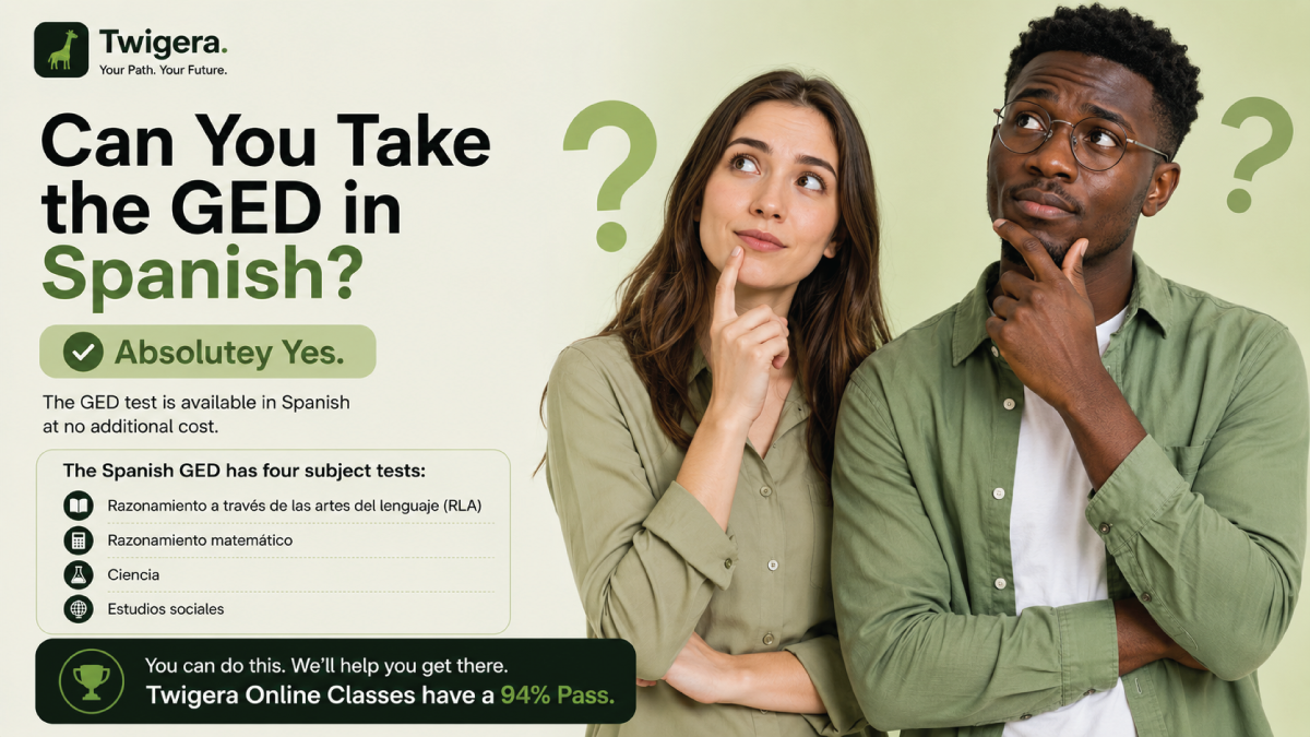 Twigera hero graphic for 'Can You Take the GED in Spanish?' — all four subjects at Pearson VUE centers and online via OnVUE.