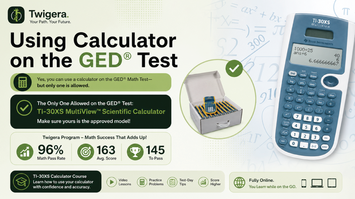 Twigera hero graphic asking 'Can You Use a Calculator on the GED?' with the answer 'Yes — the on-screen TI-30XS' alongside icons of the calculator keypad, fractions, and exponents over a photo of an adult learner taking the test.