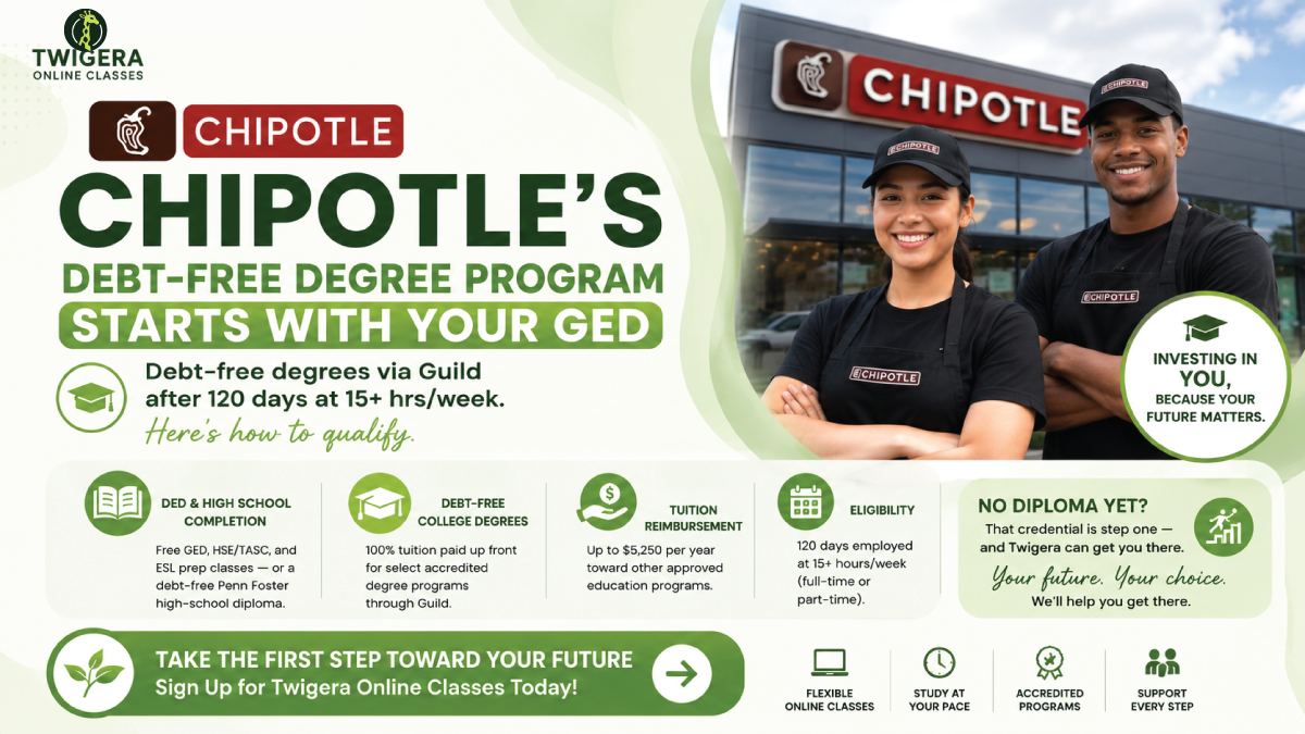 Does Chipotle pay for your GED — Twigera infographic on the Guild-powered Cultivate Education benefit, free GED prep, Penn Foster diploma, and debt-free degrees.