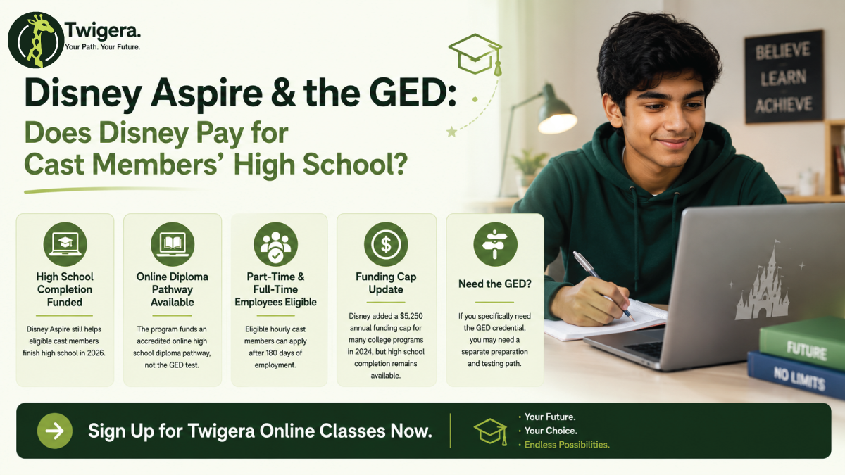 Does Disney Aspire pay for the GED — Twigera comparison of Disney's accredited high school diploma path versus the GED credential.