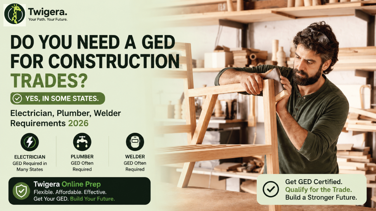 Twigera hero graphic asking 'Do You Need a GED for Construction Trades?' with the answer 'Yes for most apprenticeships' alongside construction trade icons: hardhat, wrench, welding torch.