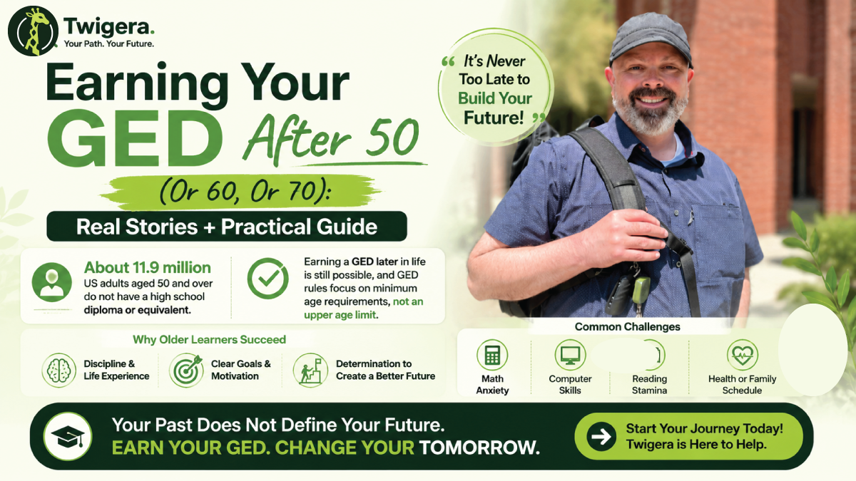 Twigera hero graphic 'GED for Older Adults' showing an older learner at a laptop beside three steps: take a diagnostic, study one subject at a time, and pass the GED after 50.