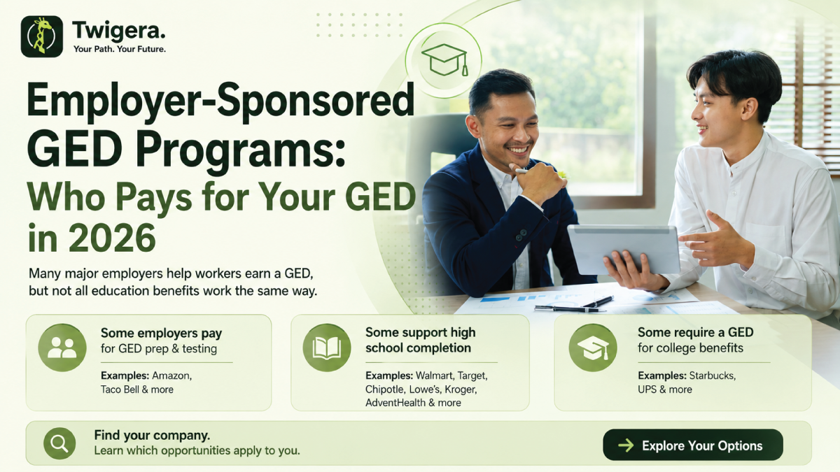 Employer-sponsored GED programs — Twigera comparison of which companies fund GED prep and testing versus college-only education benefits.