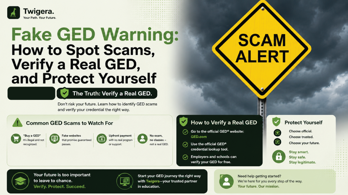 Twigera hero graphic warning 'Fake GED Warning' with a red stamp marking a counterfeit certificate as not valid.