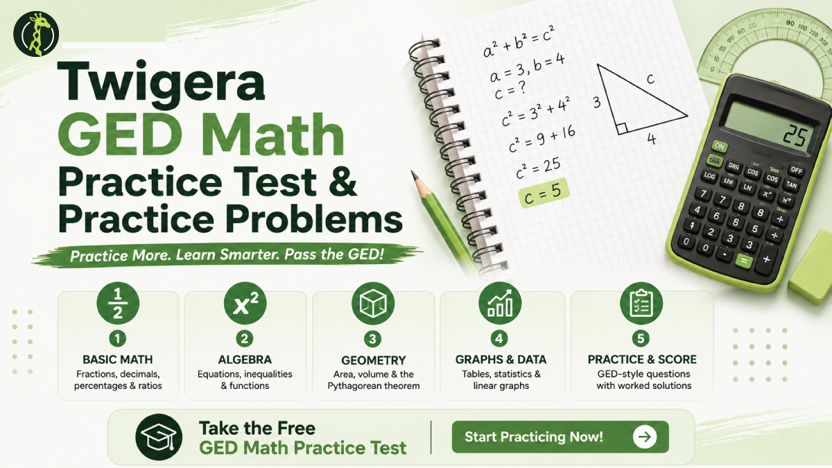 Free GED math practice test 2026 — Twigera 20-question practice set covering basic math, algebra, geometry, and graphs and functions with worked solutions.