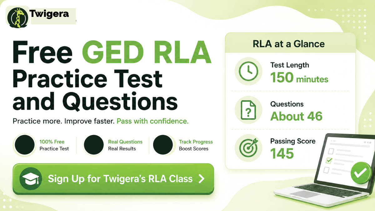 Free GED RLA practice test 2026 — Twigera cover graphic showing 20 reading, grammar, and argument questions with answer explanations.