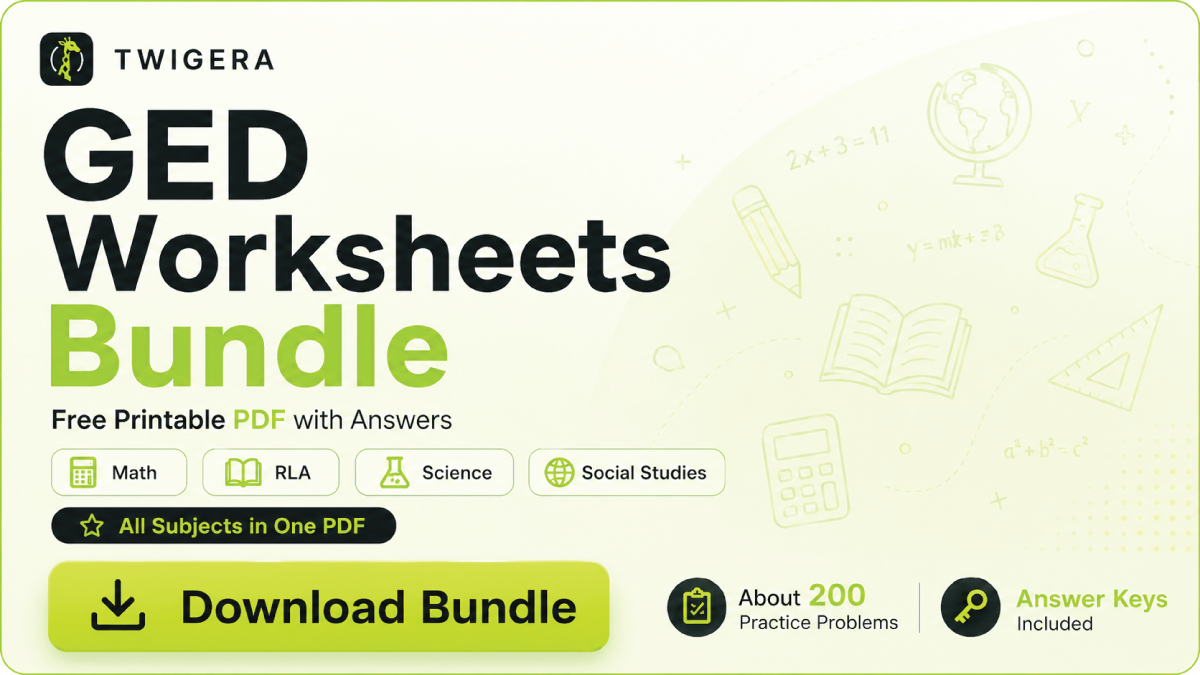 Free Printable GED Worksheets 2026 — Twigera infographic showing GED Math, RLA, Science, and Social Studies worksheet sets with answer keys.