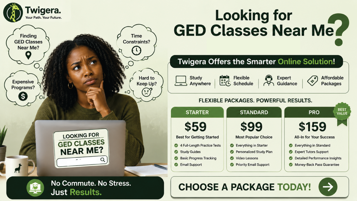 Twigera hero graphic titled 'GED Classes Near Me' with a map pin icon and the words 'Free local + honest online options' alongside icons representing libraries, community colleges, and laptops.