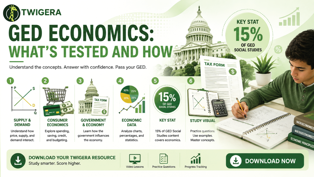 GED economics 2026 — Twigera lesson covering scarcity, opportunity cost, supply and demand, fiscal and monetary policy, credit and interest, and reading economic charts and graphs.