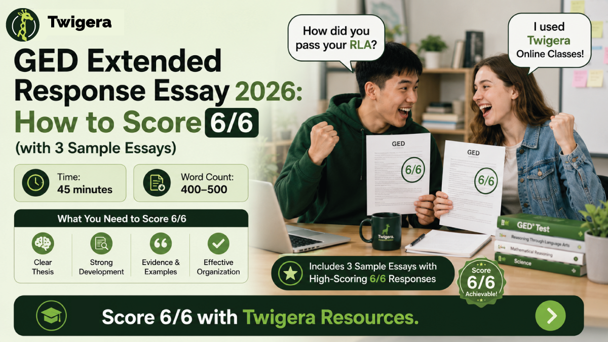GED Extended Response Essay 2026 — Twigera infographic showing the 45-minute time plan, three-trait rubric, and 6-point scoring of the RLA essay.
