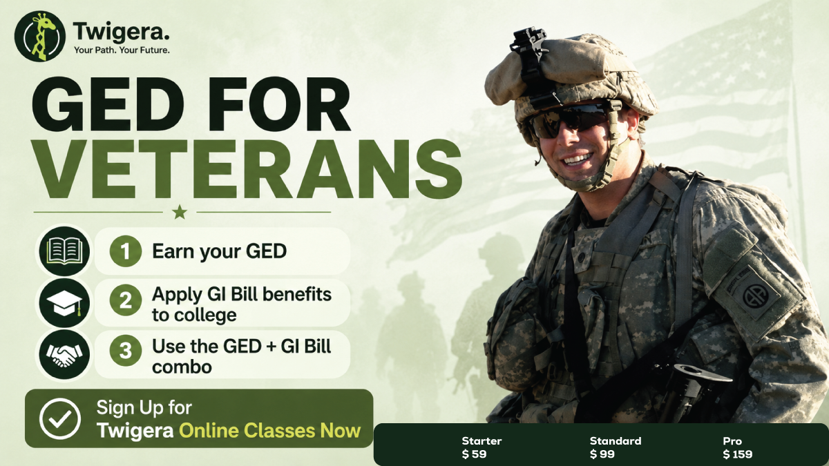 Twigera hero graphic 'GED for Veterans' showing a service member in uniform beside three steps: earn your GED, apply GI Bill benefits to college, and use the GED and GI Bill combo.