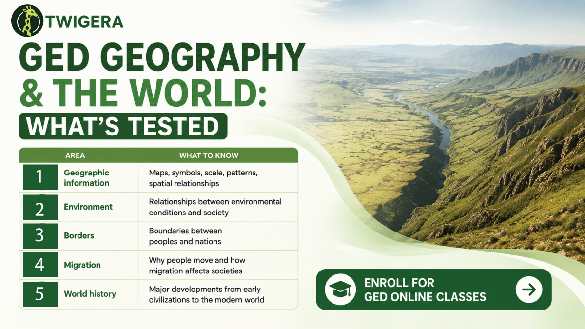 GED geography 2026 — Twigera lesson on reading maps as data sources, environment and settlement, push and pull migration factors, urbanization, and world history transitions.
