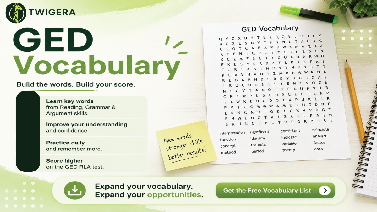 GED Language Arts vocabulary 2026 — Twigera cover graphic listing essential RLA reading, argument, grammar, and writing terms.