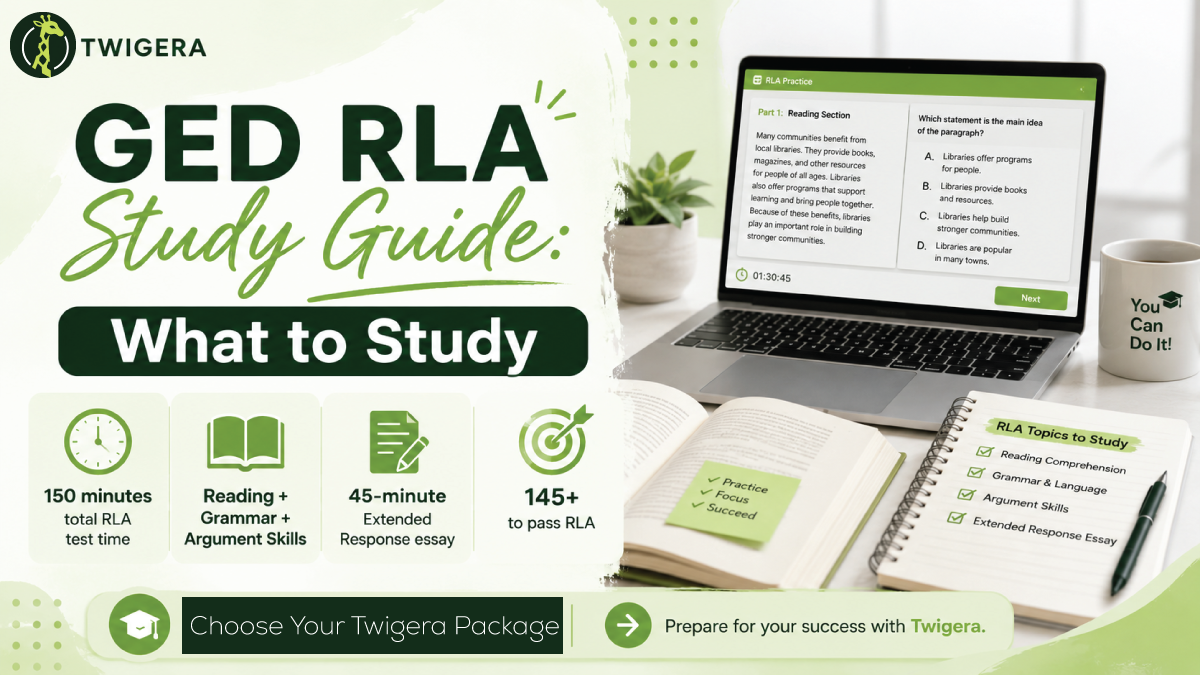 GED Language Arts study guide 2026 — Twigera cover graphic covering grammar patterns, reading skills, argument analysis, and Extended Response notes.