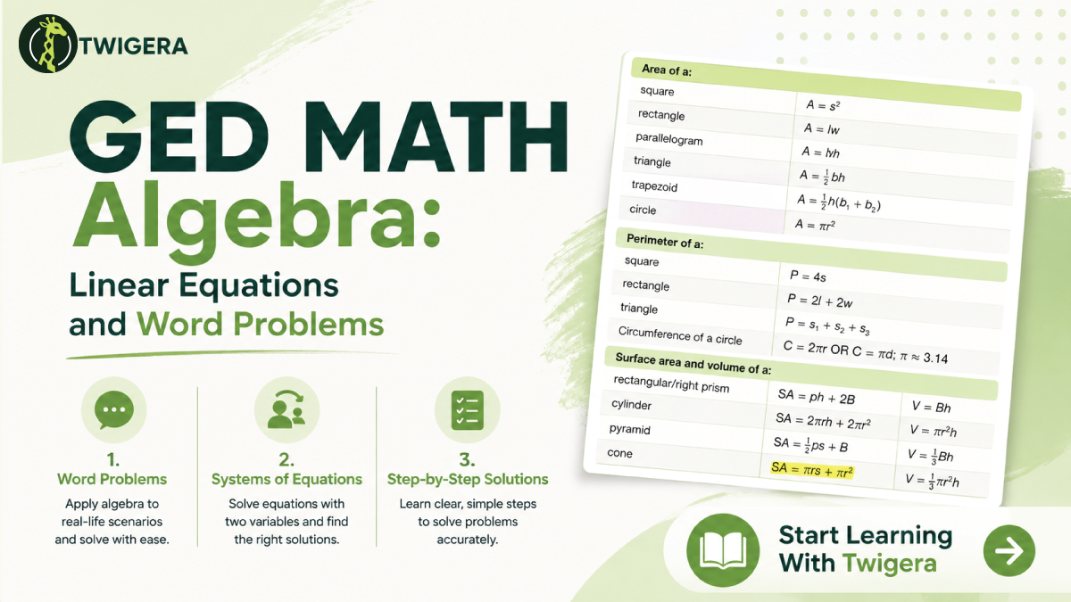 GED math algebra 2026 — Twigera lesson on translating word problems into linear equations, solving step by step, and handling systems of two equations.