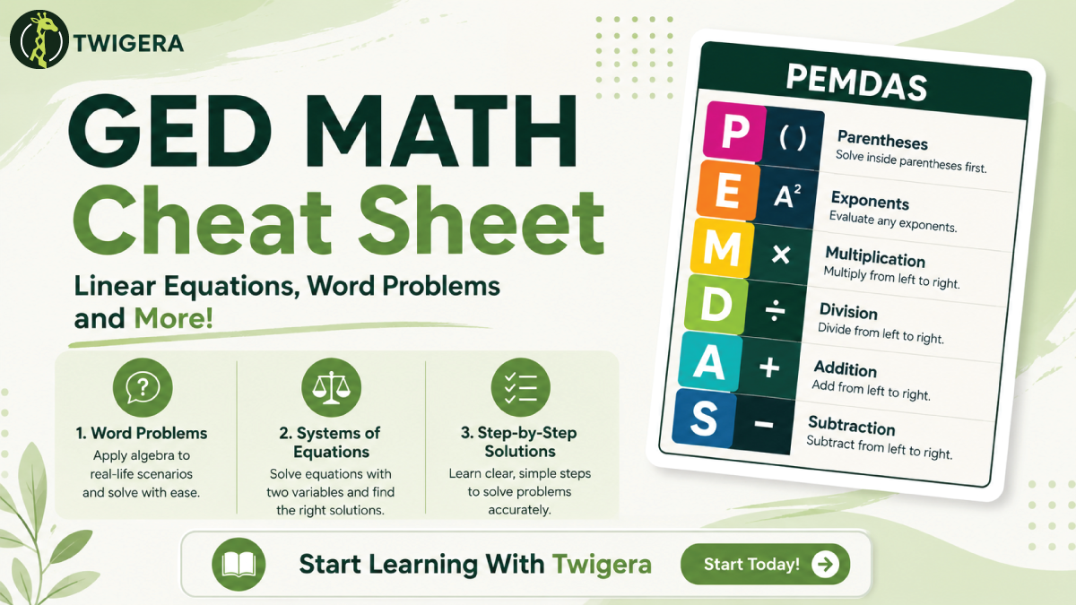 GED math cheat sheet 2026 — Twigera one-page reference covering order of operations, fraction and percent conversions, algebra steps, geometry vocabulary, and calculator habits.