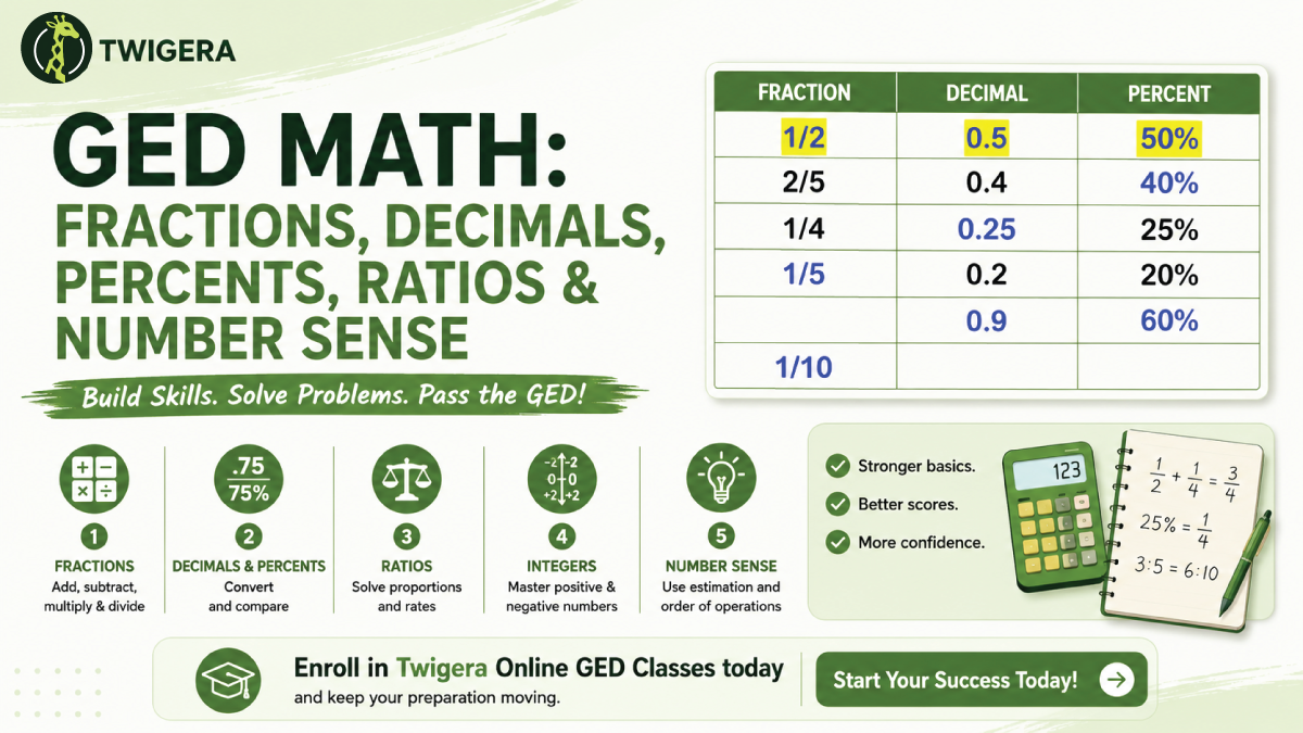 GED math fractions, decimals, percents and ratios 2026 — Twigera number sense lesson covering conversions, percentage change, proportions, integers, and order of operations.