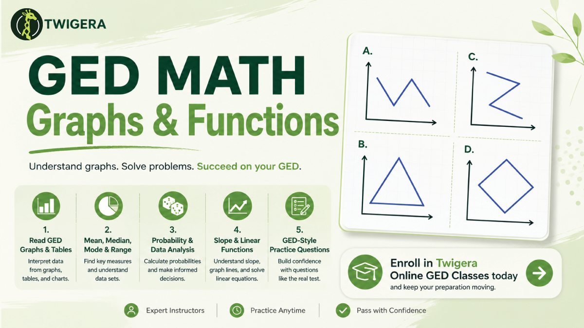 GED math graphs and functions 2026 — Twigera lesson covering chart reading, mean and median, probability, slope, and linear functions on the Mathematical Reasoning test.