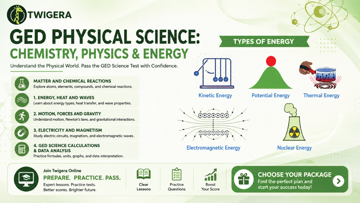 GED physical science 2026 — Twigera lesson covering matter, chemical reactions, energy, heat, waves, motion, forces and electricity with worked examples.