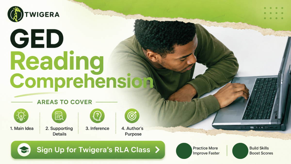 GED reading comprehension 2026 — Twigera graphic covering main idea, supporting details, inference, author purpose, and context clues.