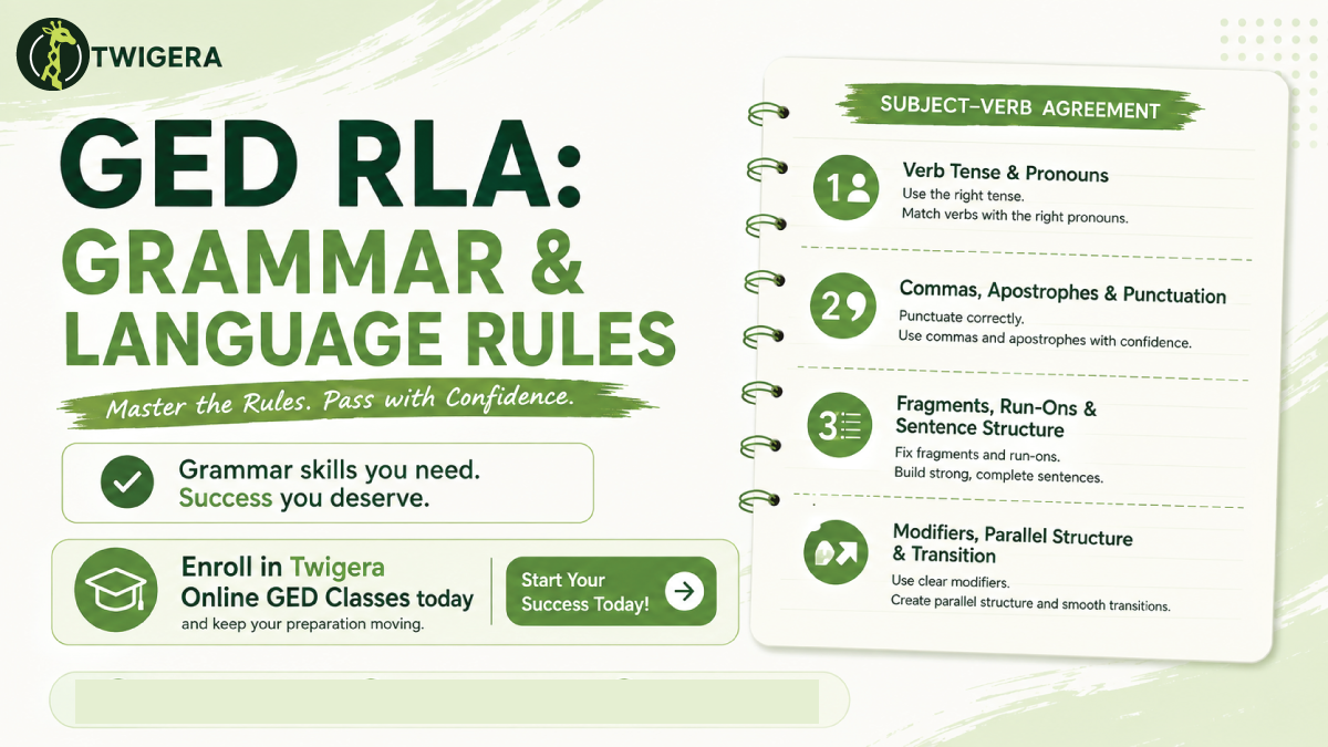 GED grammar rules 2026 — Twigera lesson covering the thirteen official RLA language assessment targets, from subject-verb agreement to apostrophes and parallel structure.