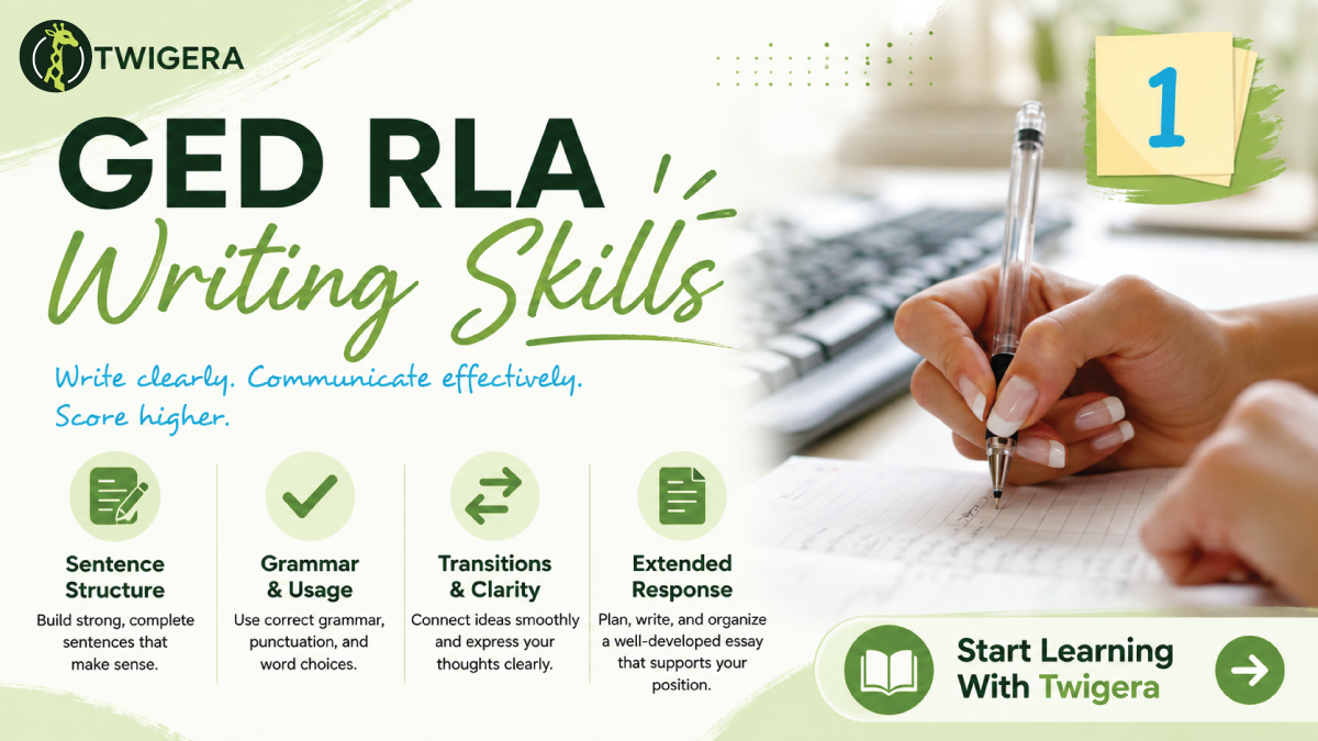 GED RLA writing skills 2026 — Twigera graphic covering sentence structure, fragments, run-ons, modifiers, parallel structure, and the Extended Response.