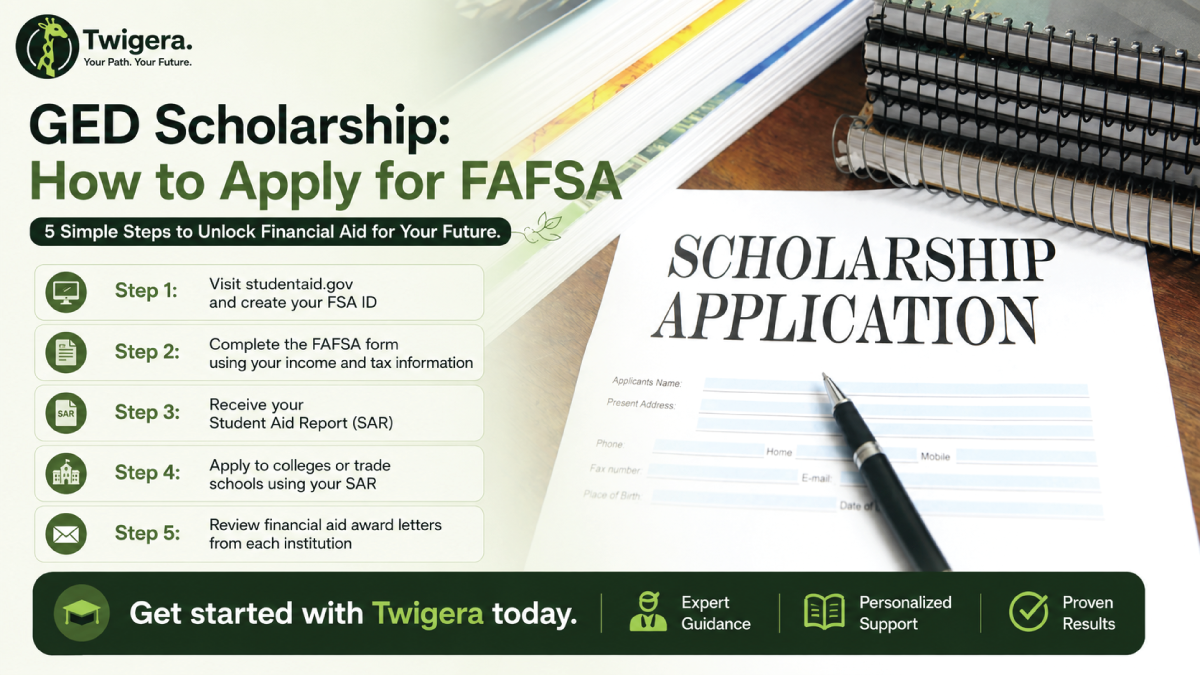 Twigera hero graphic 'GED Scholarship: How to Apply for FAFSA' — a scholarship application form and pen beside the five FAFSA steps, from creating an FSA ID to reviewing aid award letters.