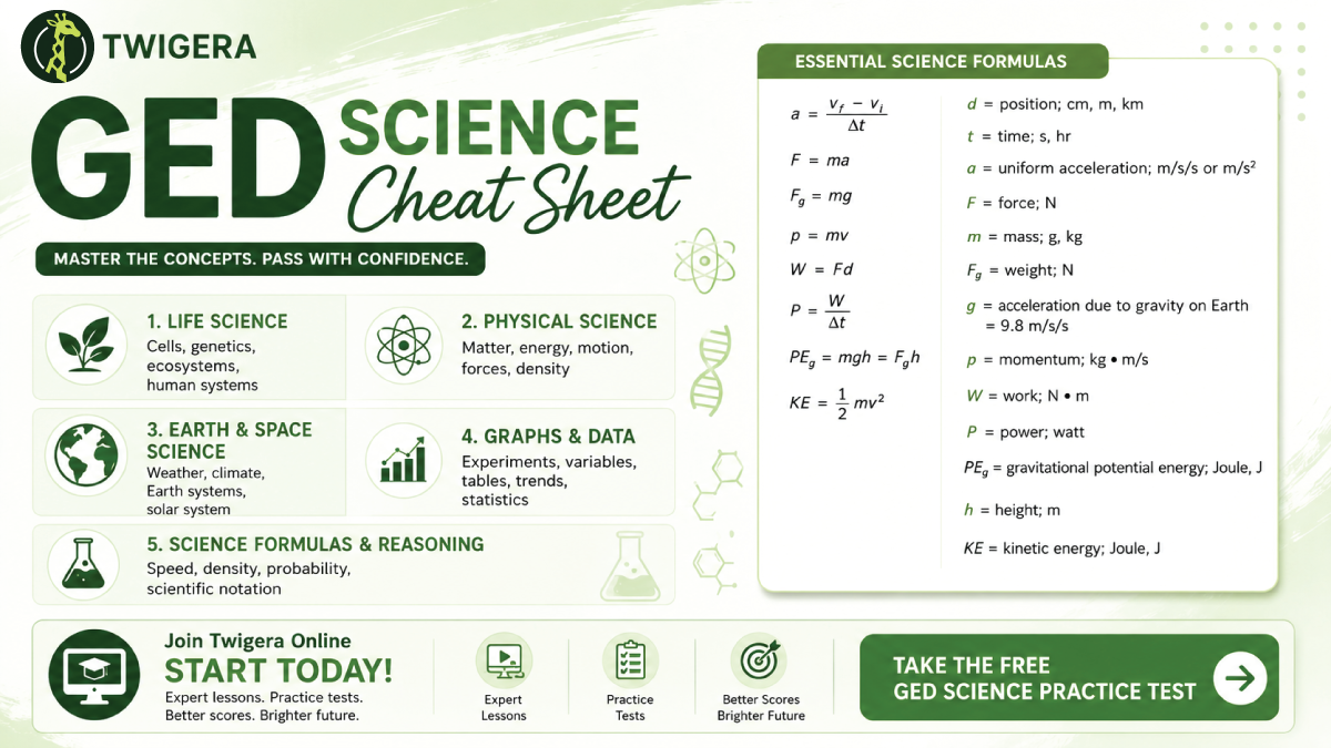 GED science cheat sheet 2026 — Twigera one-page reference covering experiment variables, graph reading, mean and median, probability, and high-yield science concepts.