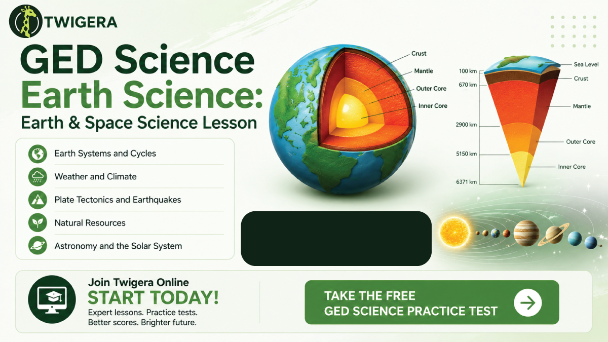 GED earth and space science 2026 — Twigera lesson covering Earth systems, the water and carbon cycles, weather versus climate, plate tectonics and astronomy.
