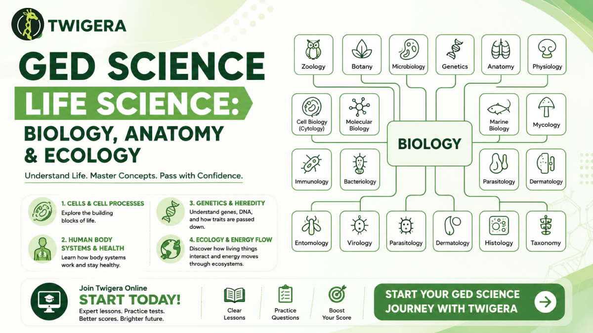GED life science 2026 — Twigera guide covering cells, body systems, genetics, ecology and evolution with worked GED-style data questions.