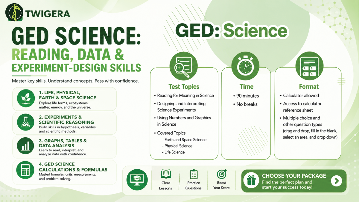 GED science reading 2026 — Twigera lesson on reading scientific passages, identifying variables and controls, reading graphs and tables, and separating correlation from causation.