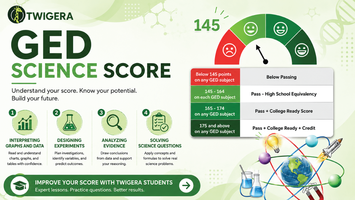 GED science score 2026 — Twigera guide to the 100 to 200 scale, the 145 passing score, and the College Ready and College Ready plus Credit bands.