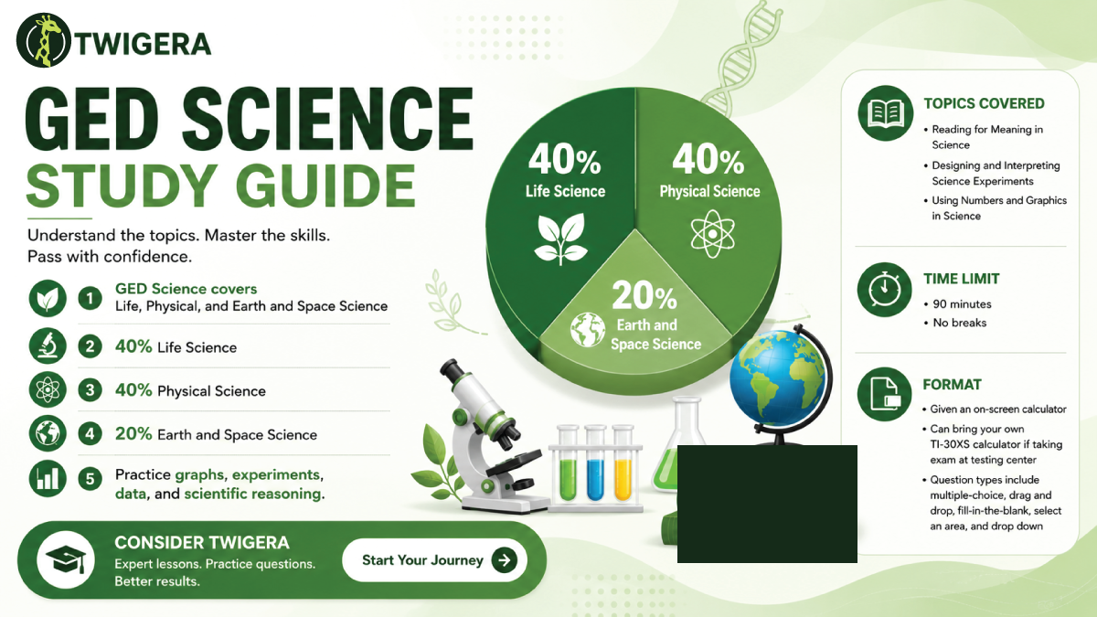 GED science study guide 2026 — Twigera notes and study plan covering life science, physical science, Earth and space science, and the reasoning skills the test scores.