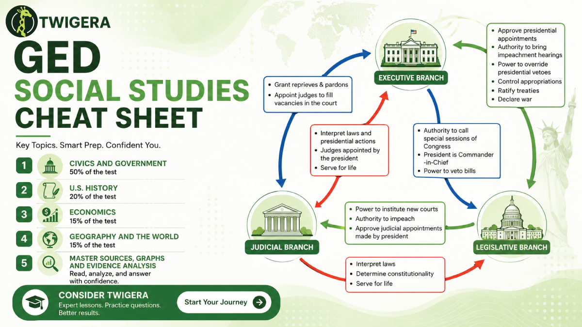 GED social studies cheat sheet 2026 — Twigera one-page reference covering civics, U.S. history, economics and geography with the three reasoning skills the test measures.