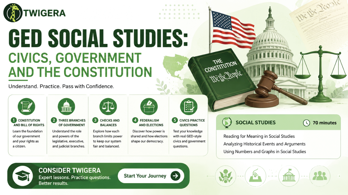 GED social studies civics and government 2026 — Twigera lesson covering the Constitution, three branches, checks and balances, federalism, the Bill of Rights and elections with worked examples.