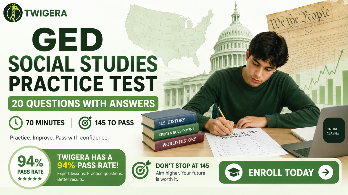 GED Social Studies practice test 2026 — 20 free questions with answers and explanations covering civics and government, U.S. history, economics, and geography and the world.