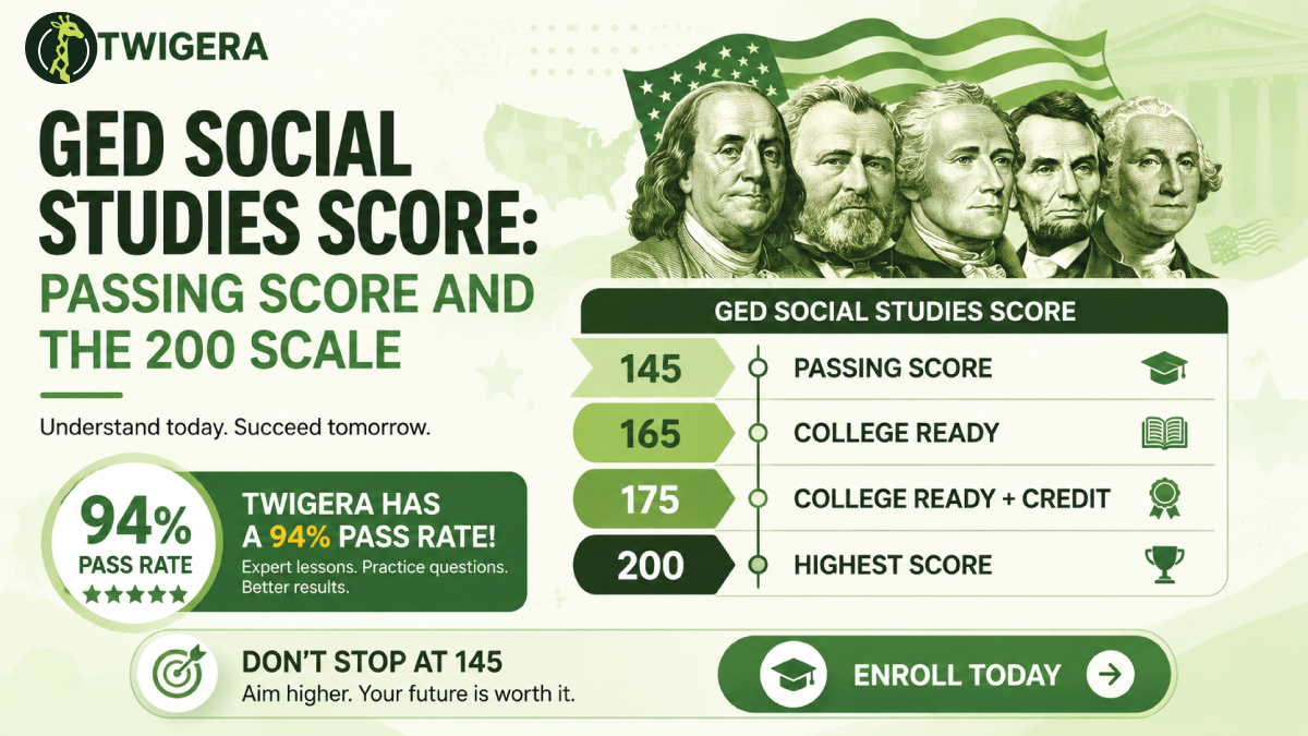 GED social studies score 2026 — Twigera guide to the 100 to 200 scale, the 145 pass mark, the College Ready band at 165 and College Ready + Credit at 175.