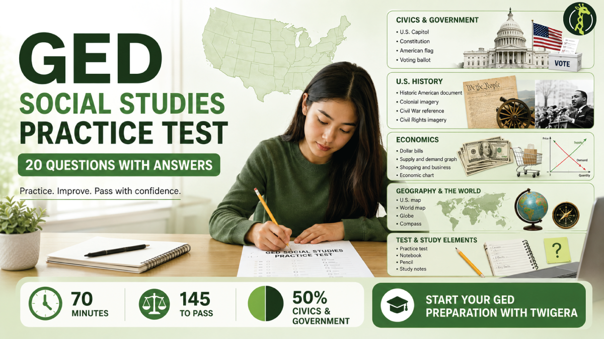 GED Social Studies study guide 2026 — Twigera notes covering civics and government, U.S. history, economics and geography with the seven reasoning skills and a study plan.