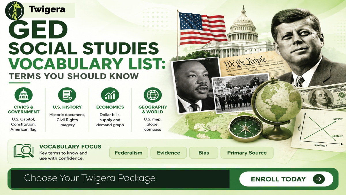 GED Social Studies vocabulary list 2026 — Twigera terms covering government structure, rights, constitutional vocabulary, U.S. history, economics and geography.