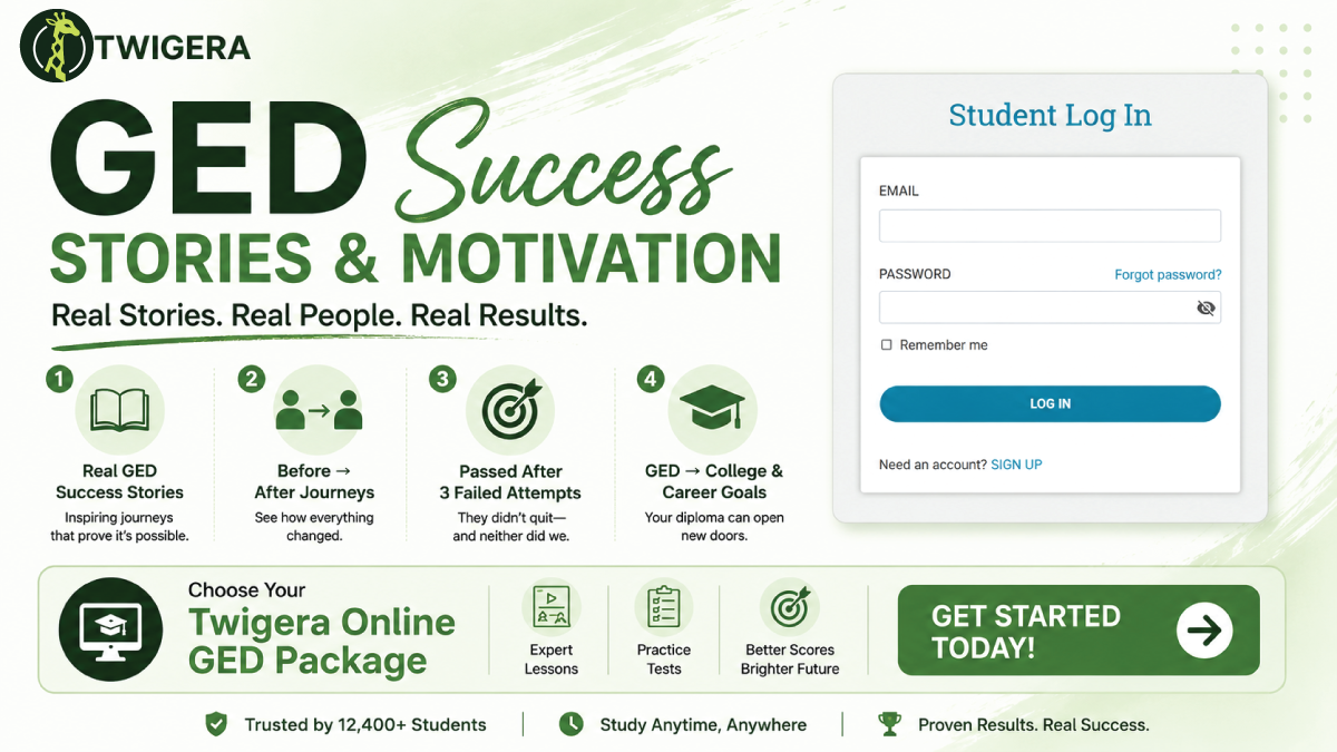 GED success stories 2026 — Twigera before-and-after journeys from four verified students who earned their GED and moved into nursing, promotion, CDL training and college.